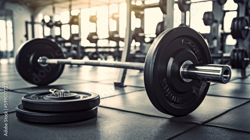 Weights next to barbell in a gym. Generative AI