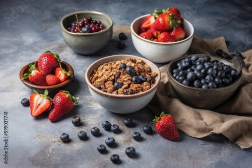 Healthy breakfast granola with fresh strawberry and blueberry. Generative AI.