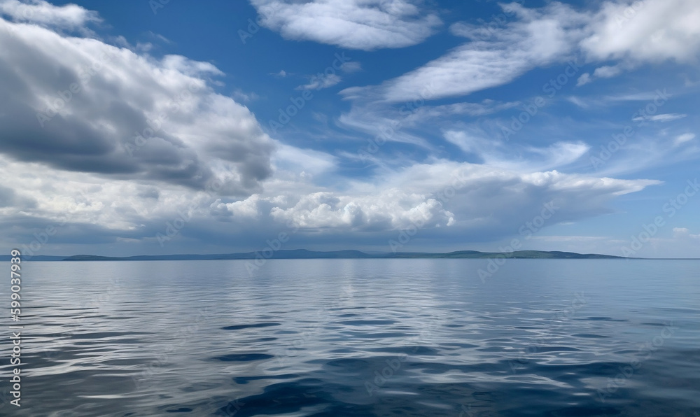 a large body of water under a cloudy blue sky with a few clouds in the sky and a few clouds in the water below it (generative AI)