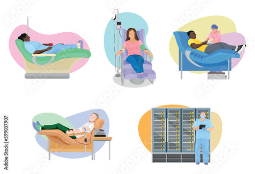 Set of people donating blood in hospital