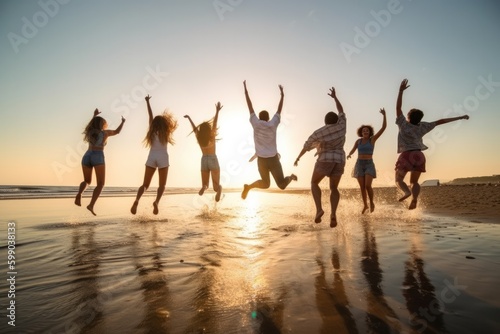 Young group of people jumping into the air at beach. Generative AI
