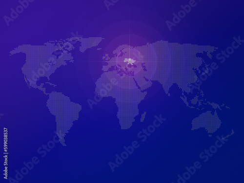 Dotted halftone world map with the country of Ukraine highlighted and targeted. Modern and clean world map on a blue color gradient background.