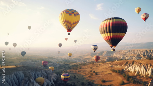 Air balloons on mountain. Illustration AI Generative.