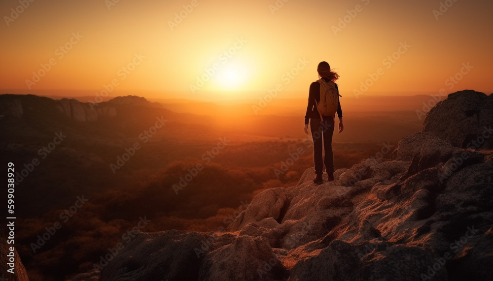 Young woman standing on mountain peak, victorious generated by AI