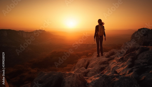 Young woman standing on mountain peak  victorious generated by AI