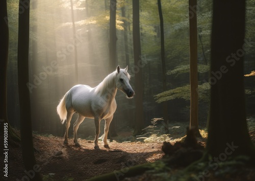 Majestic White Horse in Dreamy Forest. Generative AI. © ern