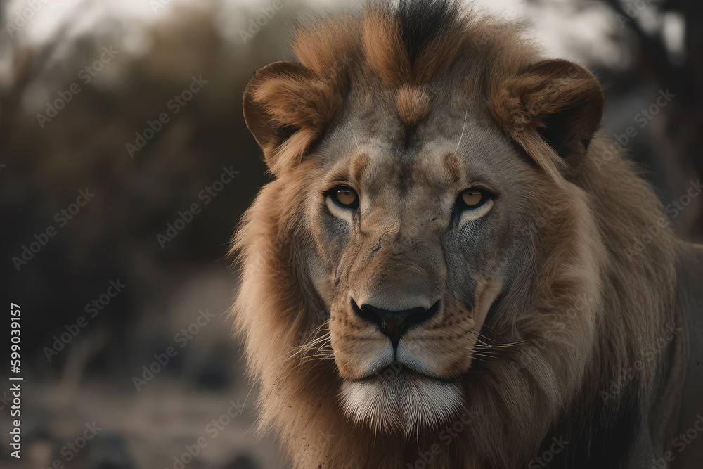 lion looking at the camera, beautiful background, savannah background, ai generated.