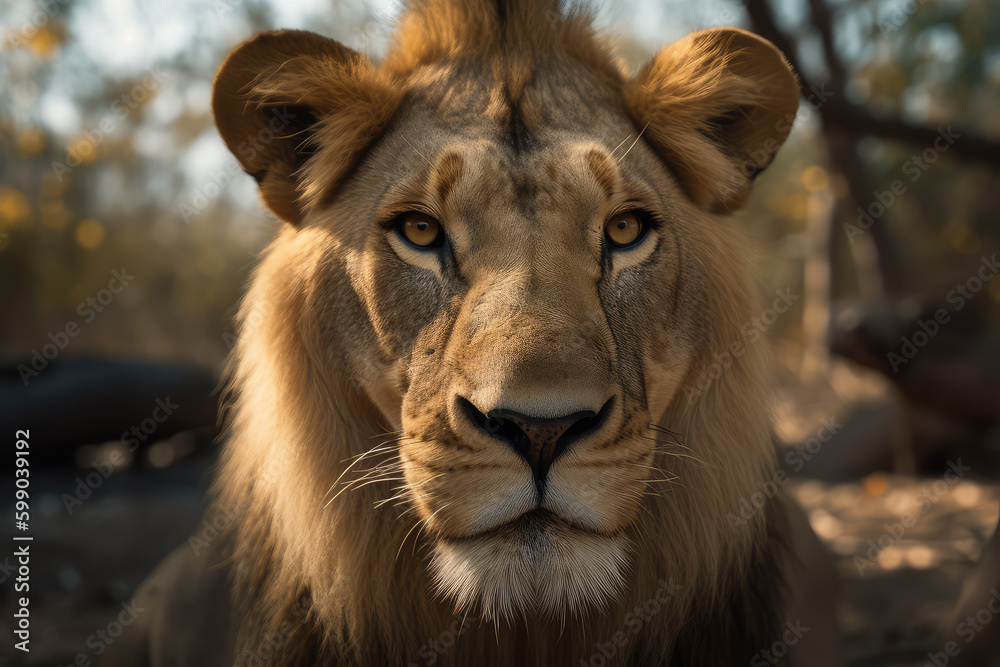 Fototapeta premium lion looking at the camera, beautiful background, savannah background, ai generated.