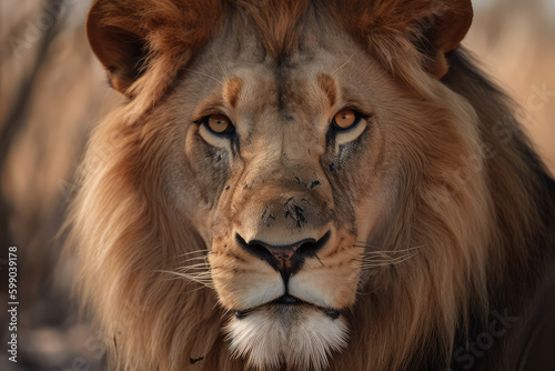lion looking at the camera, beautiful background, savannah background, ai generated. © Giovanna
