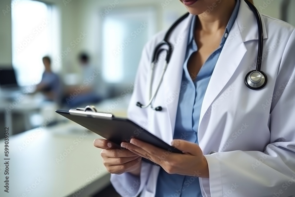 Doctor checks a tablet while working. Generative AI Doctor checks a tablet while working. Generative AI
