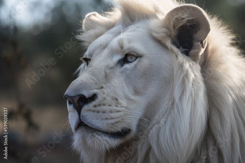 big white lion with mane at the camera  beautiful background  savannah background  ai generated.