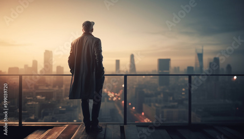 Businessman standing on roof, looking at sunset generated by AI