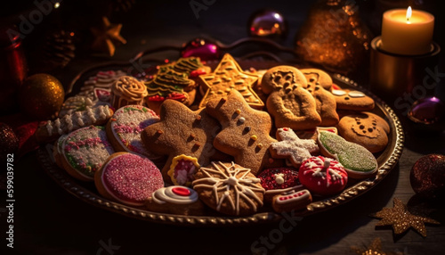 Homemade gingerbread cookies decorate the festive table generated by AI