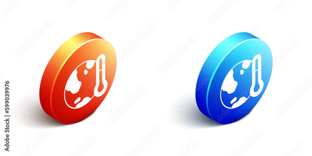 Obraz premium Isometric Planet earth melting to global warming icon isolated on white background. Ecological problems and solutions - thermometer. Orange and blue circle button. Vector