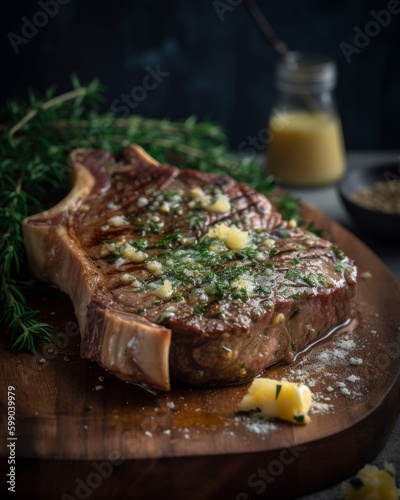 juicy porterhouse steak topped with garlic butter and herbs