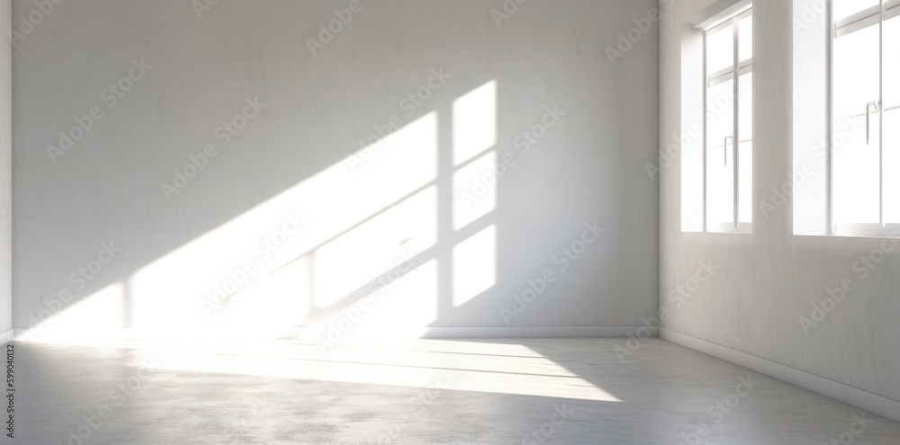 Fototapeta premium Shadows of a white window in an empty room. Minimalist background. Generative AI