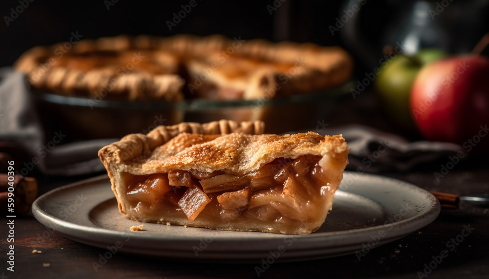Freshly baked apple pie on rustic wooden plate generated by AI