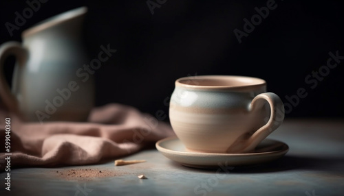 Hot drink in rustic pottery mug on table generated by AI