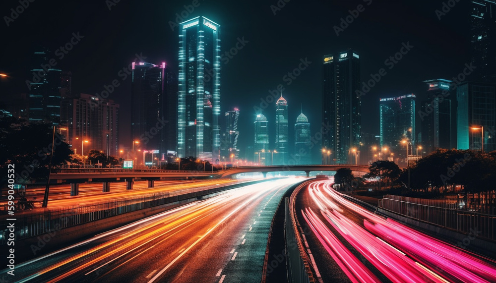 Fototapeta premium Speeding cars blur in illuminated city skyline generated by AI