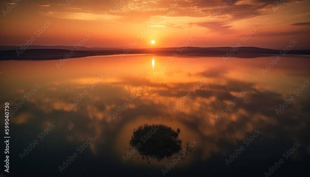 Fototapeta premium Vibrant sunset over tranquil water and mountains generated by AI