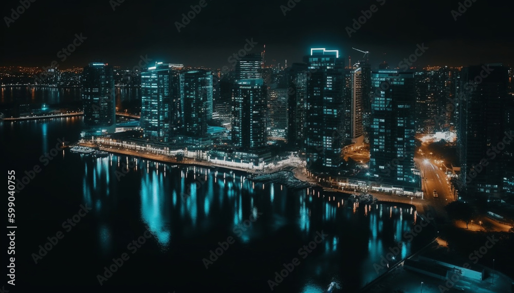 Fototapeta premium Illuminated city skyline reflects on waterfront at dusk generated by AI
