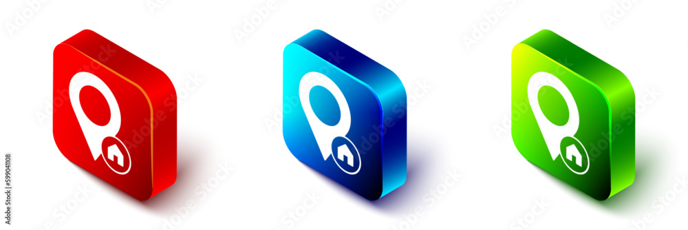 Isometric Map pointer with house icon isolated on white background. Home location marker symbol. Red, blue and green square button. Vector Isometric Map pointer with house icon isolated on white background. Home location marker symbol. Red, blue and green square button. Vector