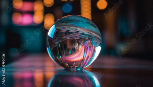 Illuminated glass sphere reflects bright nightclub background generated by AI