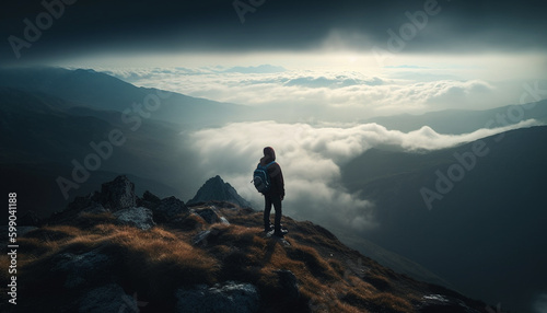 One person standing on mountain peak silhouette generated by AI