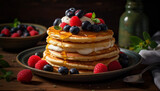 Fresh berry pancakes on rustic wooden plate generated by AI