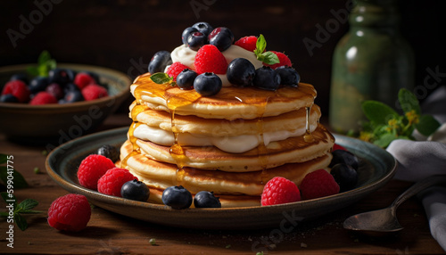 Fresh berry pancakes on rustic wooden plate generated by AI