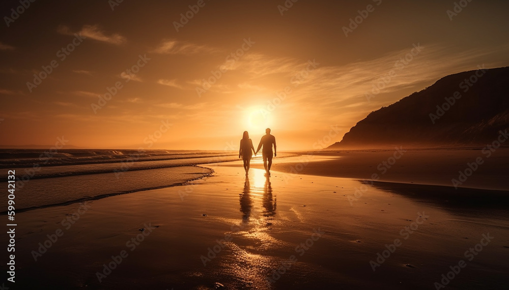 Young couple embraces at sunset on beach generated by AI