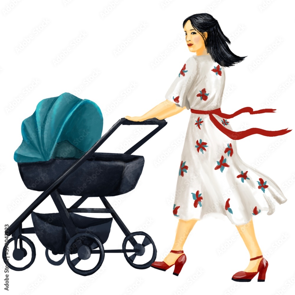 Asian woman,  mother with a stroller