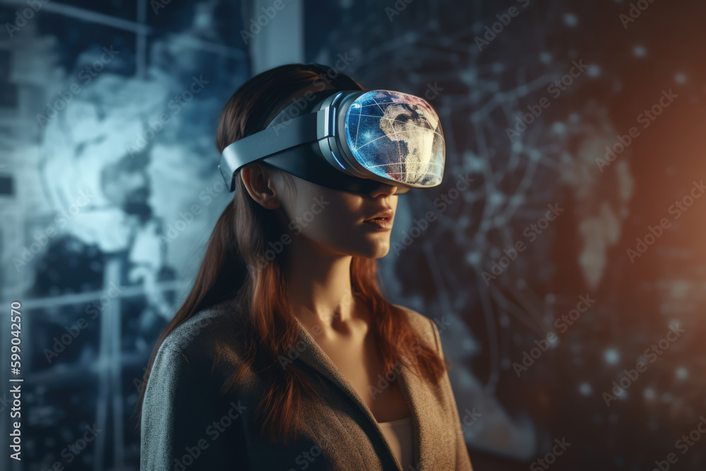 Office worker woman in vr helmet. Female using Virtual reality display in office tasks generative ai. Office worker woman in vr helmet. Female using Virtual reality display in office tasks generative ai.