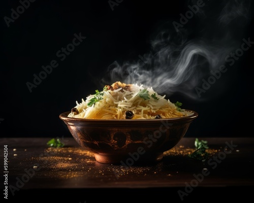 Biryani with a sprinkle of herbs on top and steam rising from the dish