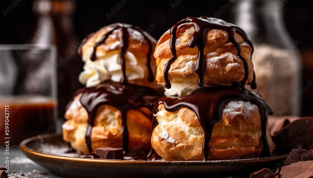 Whipped cream, chocolate sauce, eclair indulgence generated by AI Whipped cream, chocolate sauce, eclair indulgence generated by AI