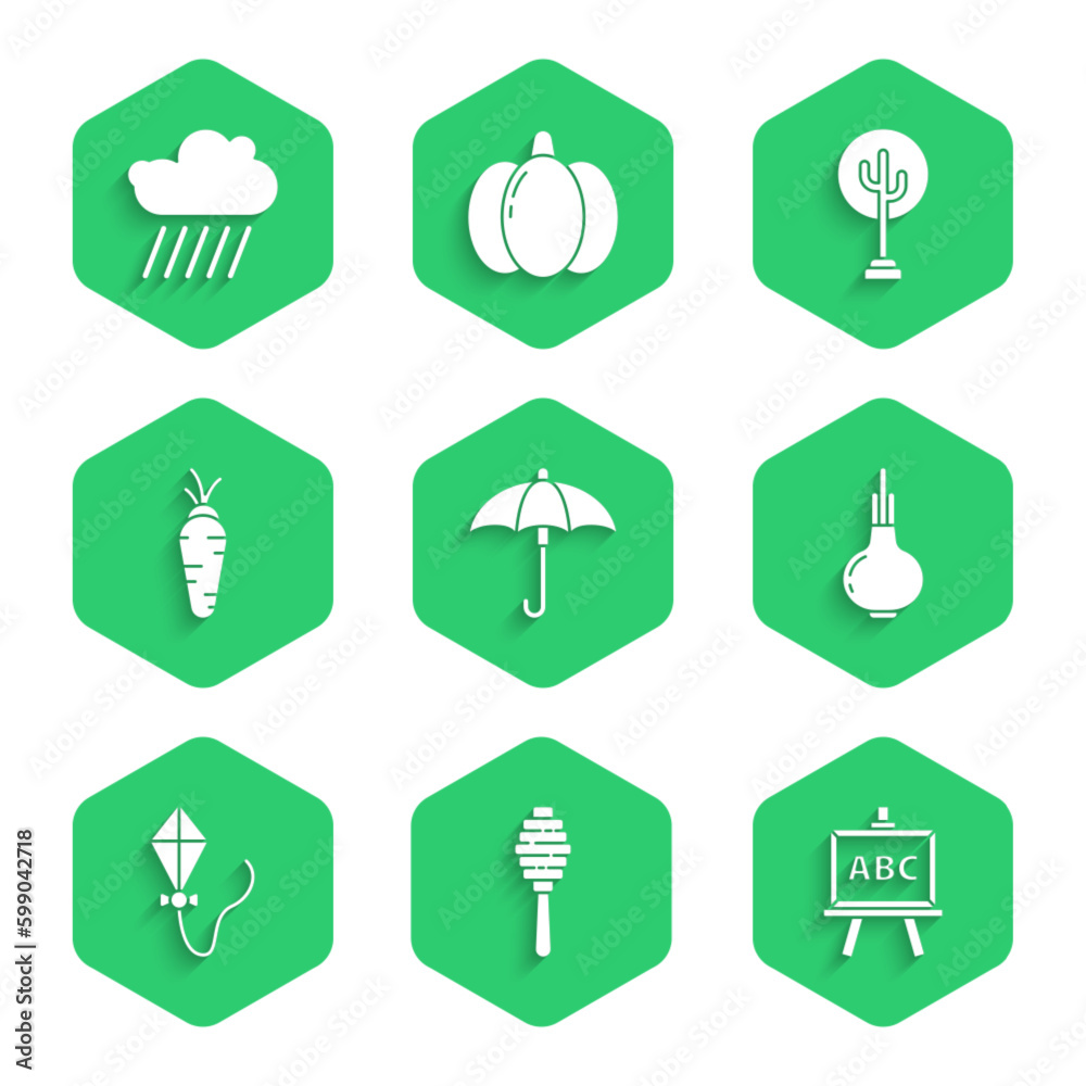 Set Umbrella, Honey dipper stick, Chalkboard, Onion, Kite, Carrot, Tree and Cloud with rain icon. Vector Set Umbrella, Honey dipper stick, Chalkboard, Onion, Kite, Carrot, Tree and Cloud with rain icon. Vector