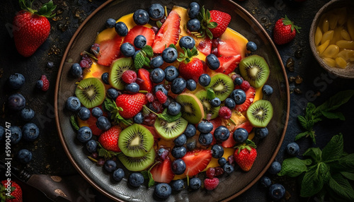 Fresh berry salad on rustic wooden plate generated by AI