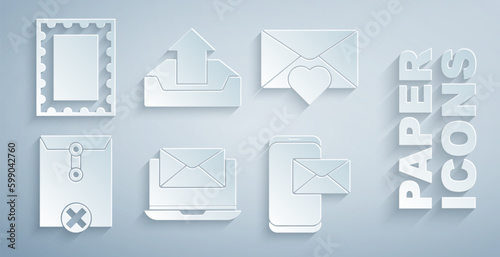 Set Laptop with envelope, Envelope Valentine heart, Delete, Mobile and, Upload inbox and Postal stamp icon. Vector