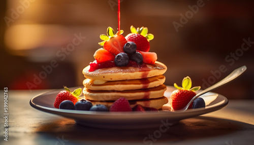 Stack of homemade pancakes with berry syrup pouring generated by AI