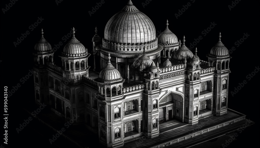 Monochrome cityscape illuminated by famous religious monuments generated by AI