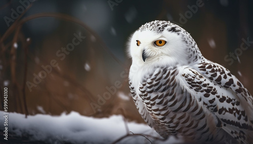 Snowy owl perched on branch, staring fiercely generated by AI © Jeronimo Ramos