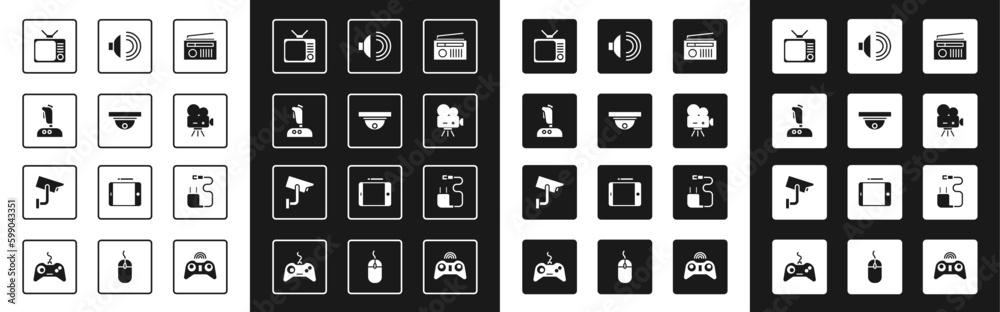 Set Radio with antenna, Motion sensor, Joystick for arcade machine, Retro tv, cinema camera, Speaker volume, Charger and Security icon. Vector Set Radio with antenna, Motion sensor, Joystick for arcade machine, Retro tv, cinema camera, Speaker volume, Charger and Security icon. Vector