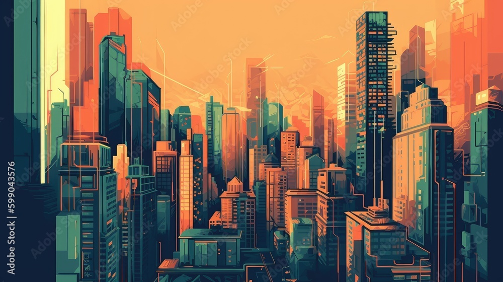 cityscape with tall skyscrapers and bustling streets