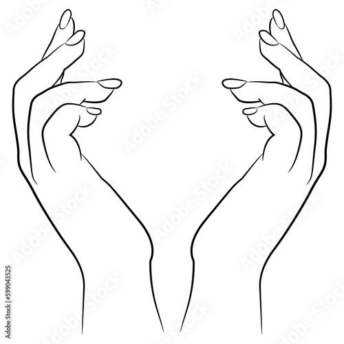 Two raised up female hands in elegant gesture. Black and white linear silhouette. Cartoon style.