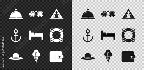 Set Hotel service bell, Binoculars, Tourist tent, Elegant women hat, Ice cream waffle cone, Wallet, Anchor and Bed icon. Vector