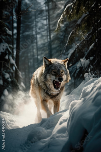 Gray wolf in a snowy forest. Wild animal aggressively running towards the camera generate ai photo