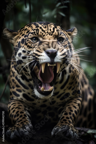 Wild Jaguar panthera roaring aggressively. Jungle forest running generative ai