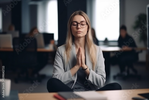 Business woman with work stress doing meditation. Wellness yoga to relax at startup company. Generative AI content