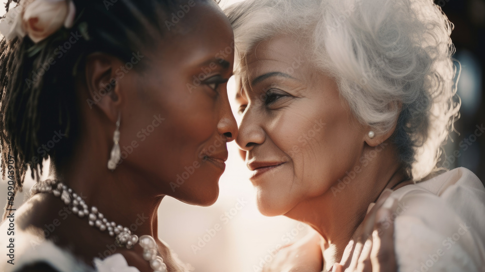 Old women lesbian couple. marrage Black and Caucasian female bride in love. LGBT pride month celebration generative ai Old women lesbian couple. marrage Black and Caucasian female bride in love. LGBT pride month celebration generative ai