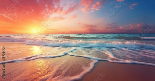 Inspirational calm sea with sunset sky. Meditation ocean and sky background. Pastel Colorful horizon over the water, pink , orange beautiful nature landscape sea beach